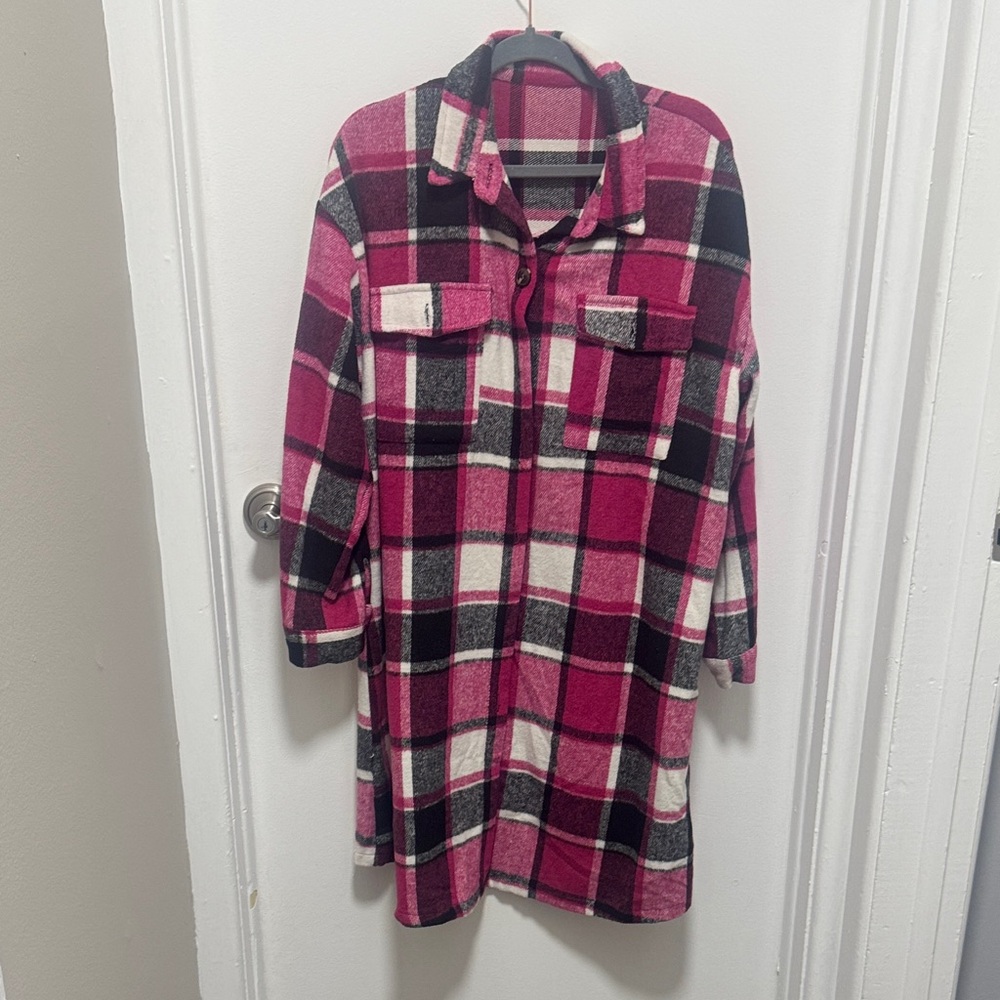 Plaid Pink and Black Button-Up Shirt Dress/jacket